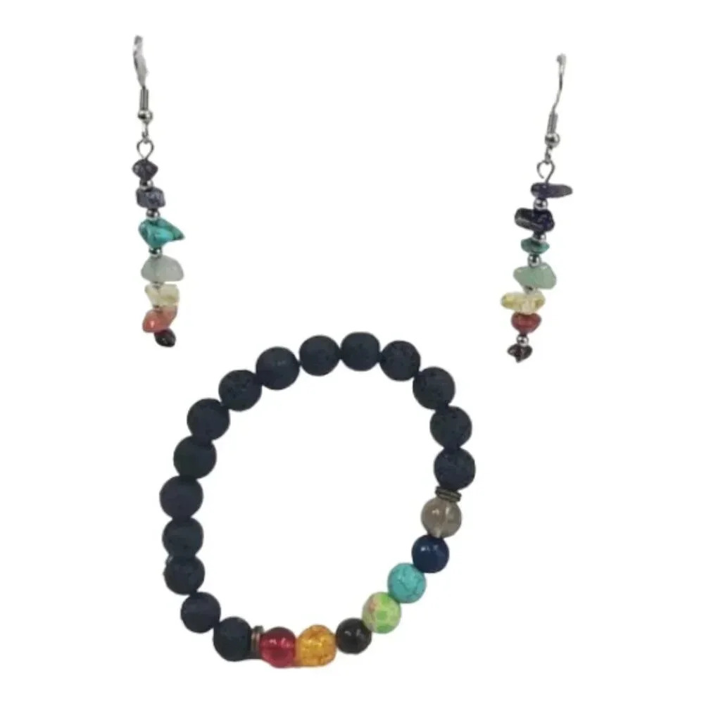 Beautiful Chakra Stones Earrings And Matching Black Lava Stone Chakra Bracelet 6$